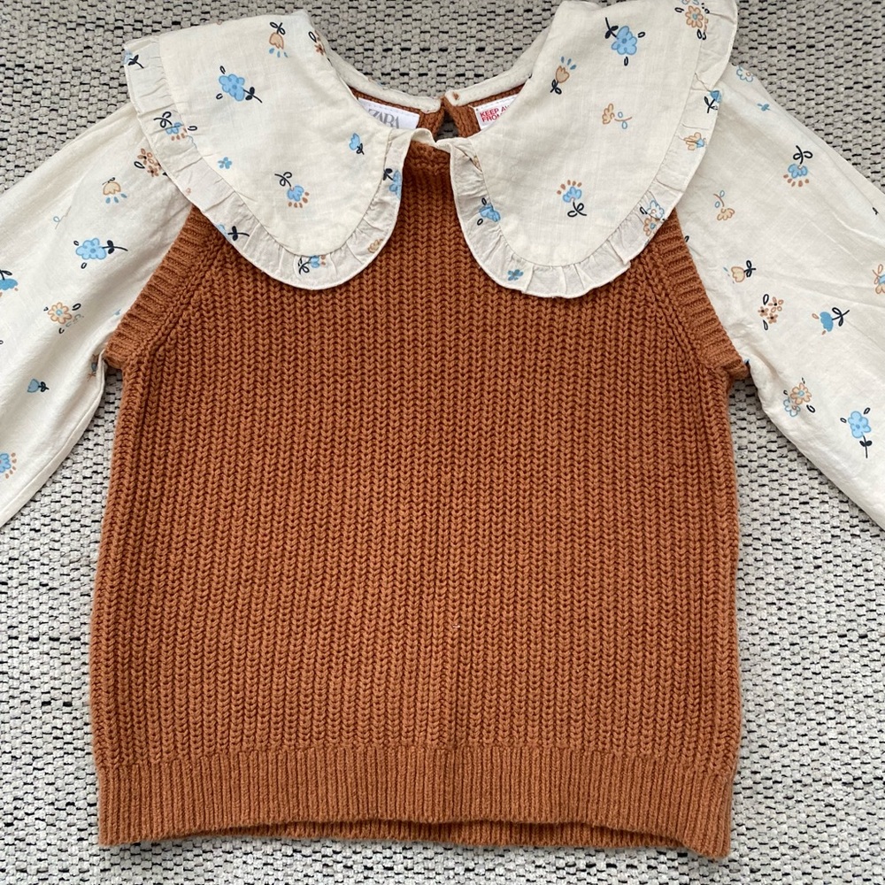 Brown Knit Kids Top with Floral Collar